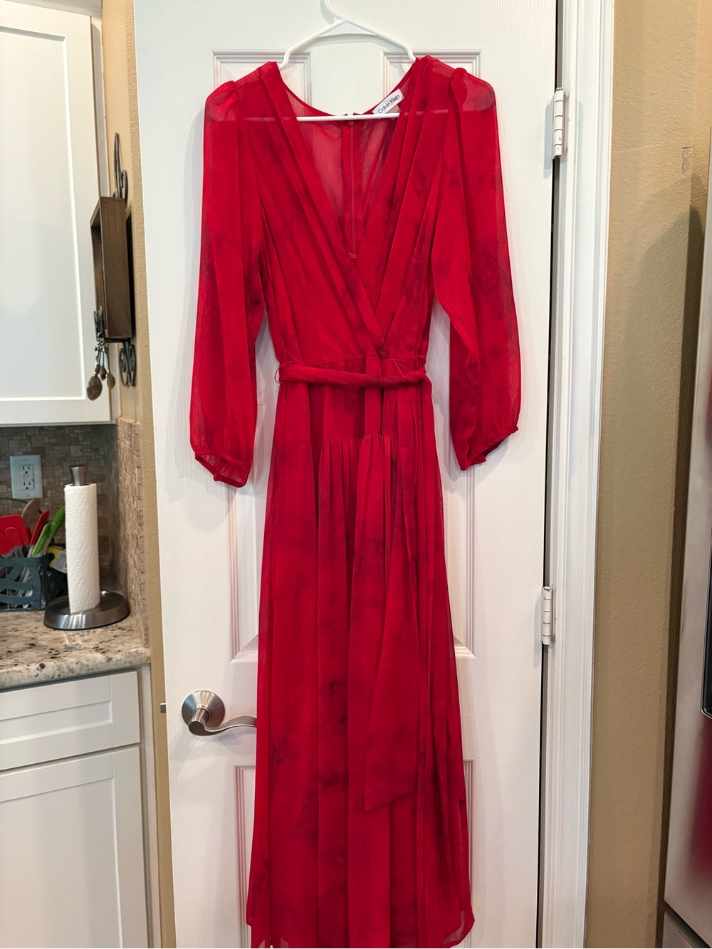 Calvin Klein Red Long Sleeve Wrap Maxi Dress